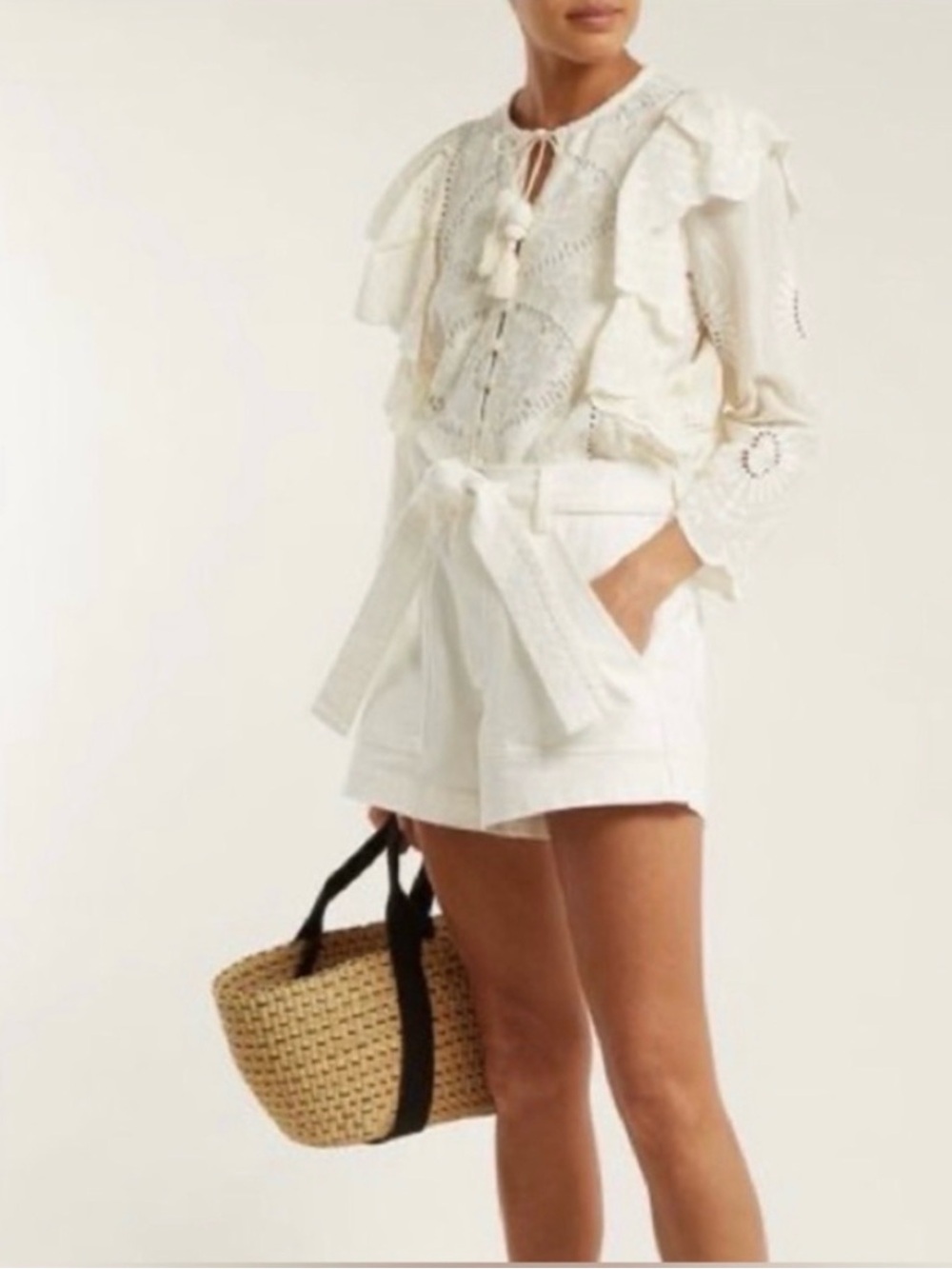 apiece apart tie waist merida white denim shorts size 6